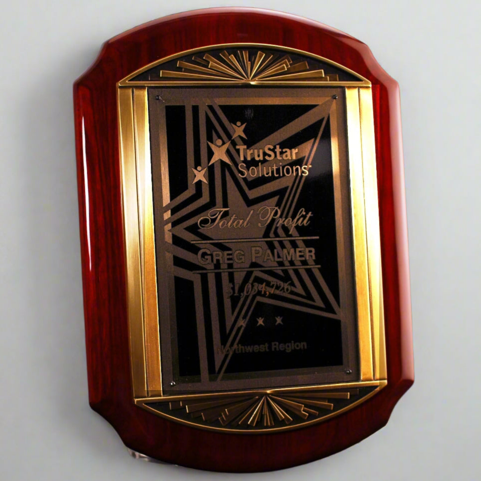 Scalloped Rosewood Piano Finish Plaque with Cast Metal Frame