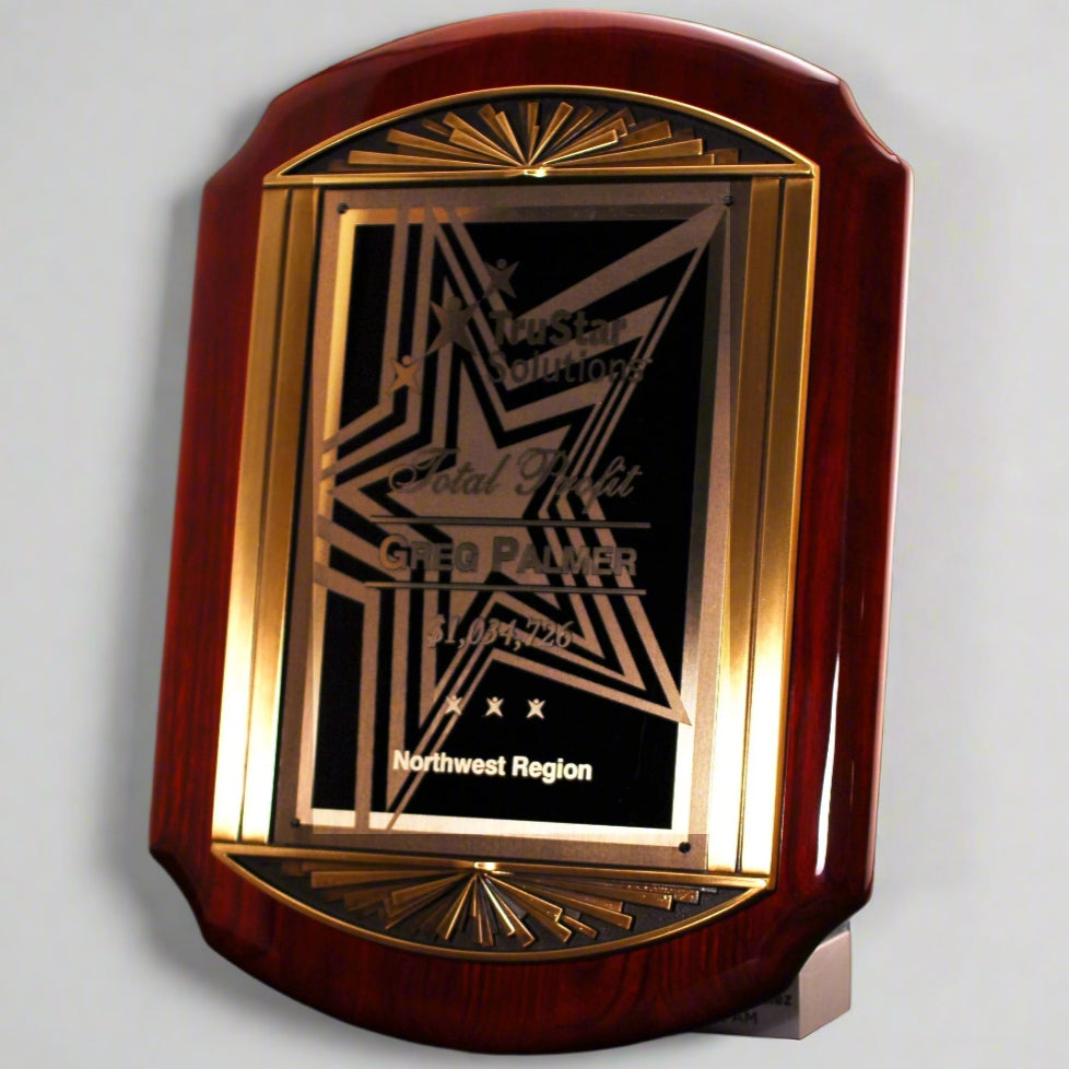 Scalloped Rosewood Piano Finish Plaque with Cast Metal Frame