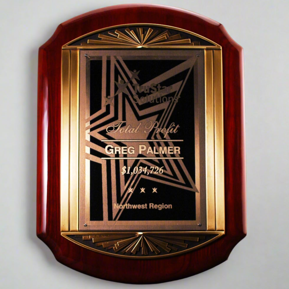 Scalloped Rosewood Piano Finish Plaque with Cast Metal Frame