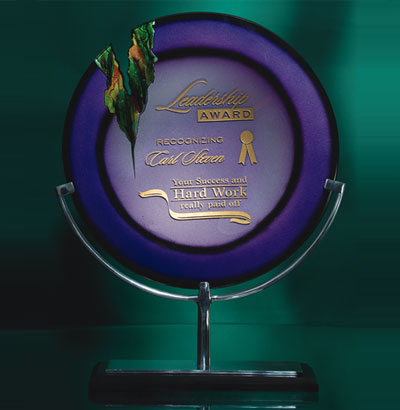 Etched and Violet Filled Art Glass Award with Metal Stand