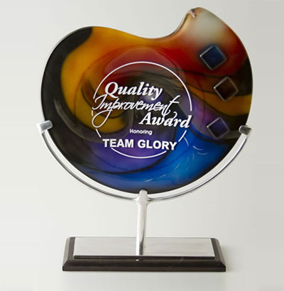 Etched and Multi Color Filled Art Glass Award with Metal Stand