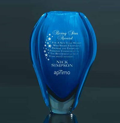 Etched and Color Filled Art Glass Teardrop Award Vase