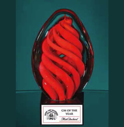 Clear Crystal Award - Red Swirl Egg on black glass base
