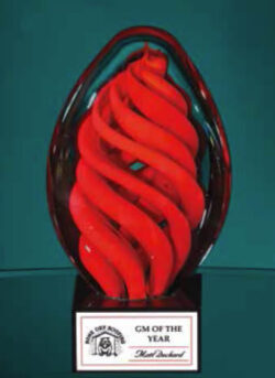 Red Swirl Egg on black glass base - 6.75"H