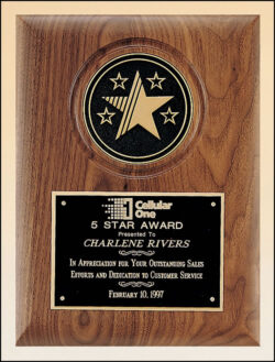 American Walnut Plaque with 5 Star Medallion - 9" W x 12" H