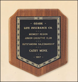 American Walnut Shield Plaque with a Black Brass Plate. - 7" W x 8" H